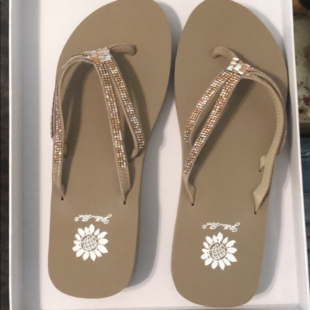 Yellow box flip flops